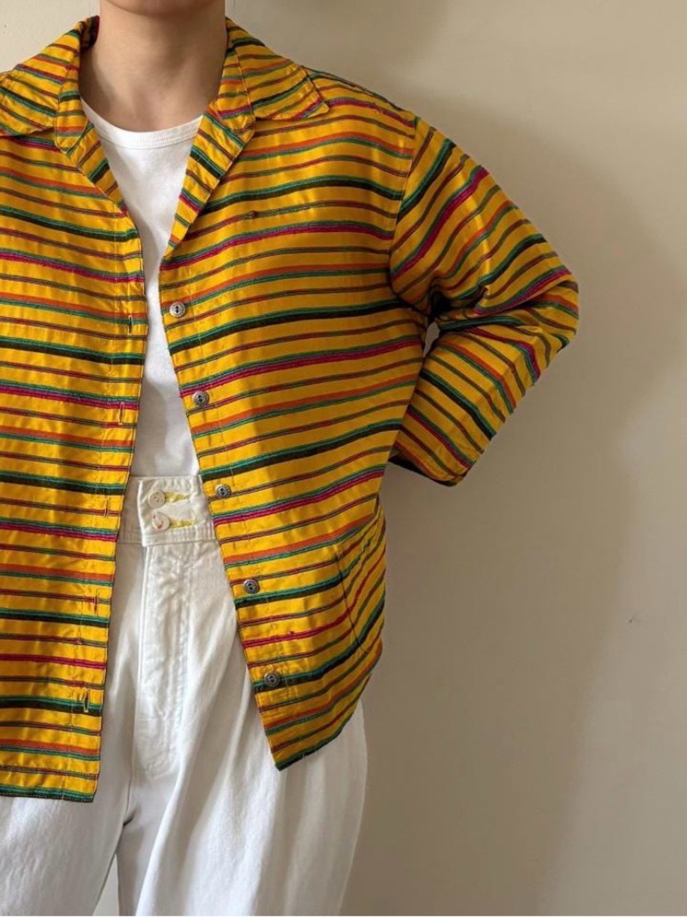 Chicos Design VTG Silk Multicolor Stripe Three-Quarter Sleeve Metal Buttons Sz 2